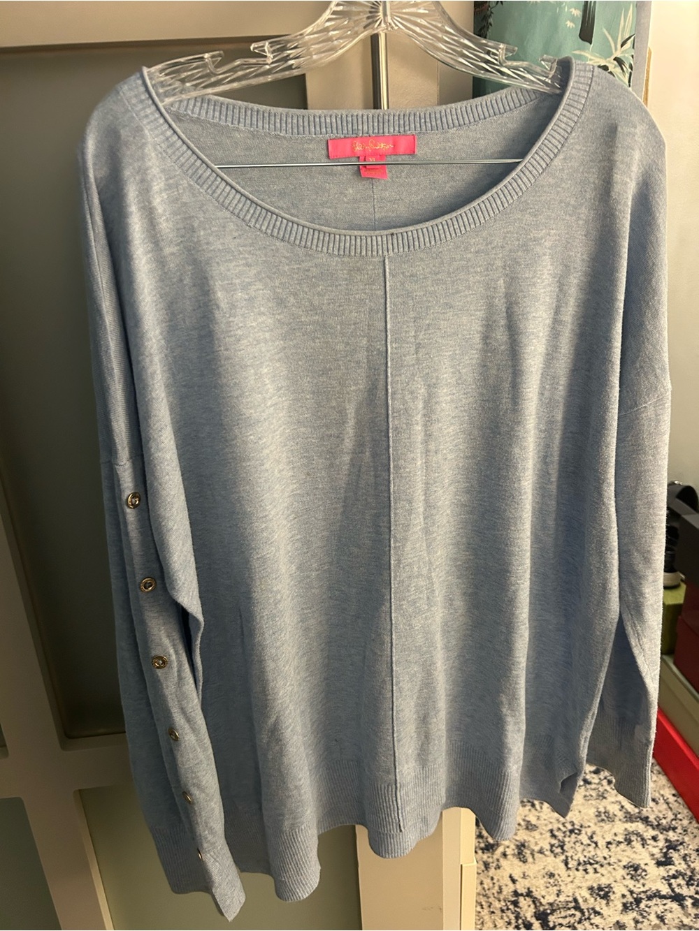 Lilly Pulitzer Light Blue Scoop-Neck Sweater with Side Buttons on sleeves.
